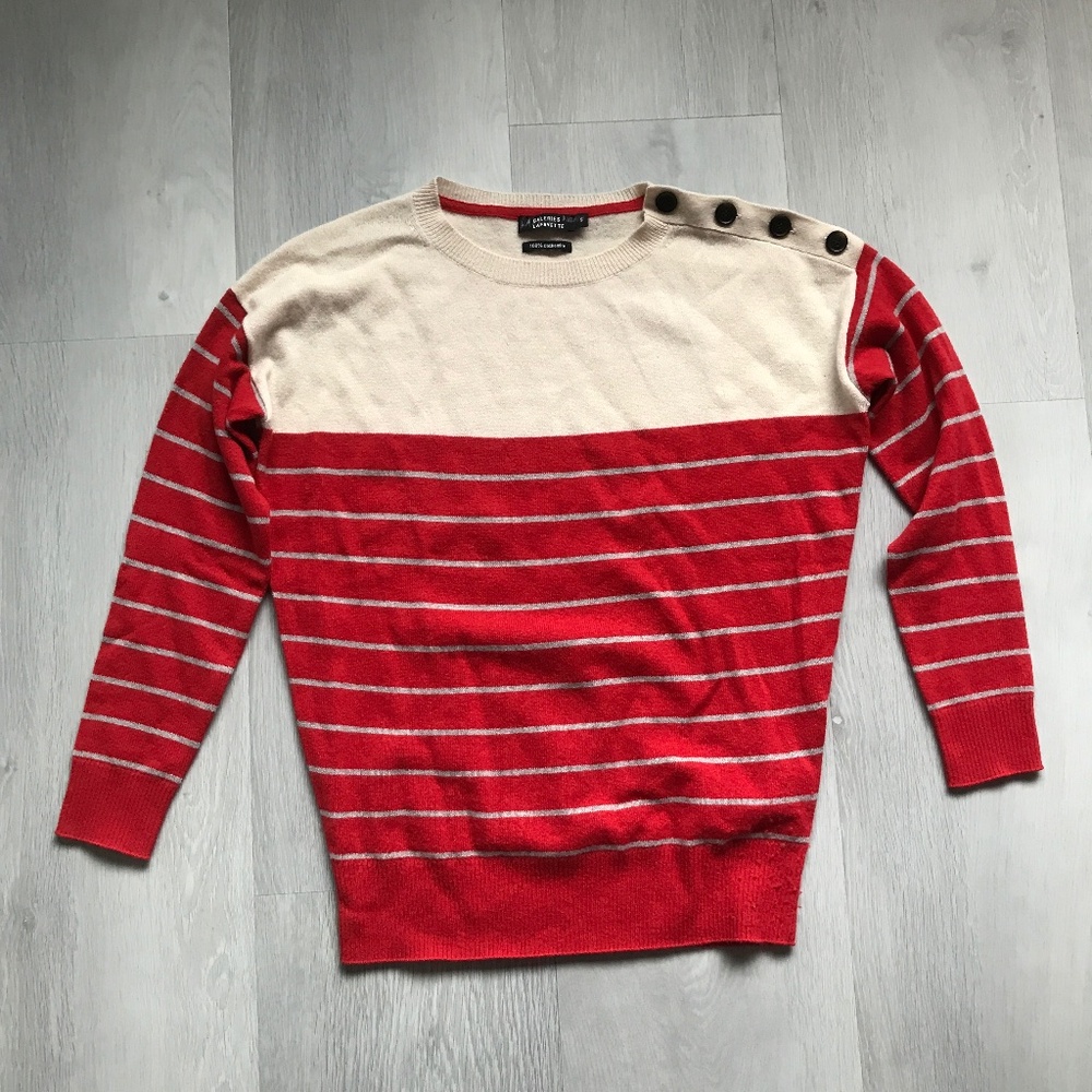 GALERIES LAFAYETTE WOMENS SWEATER 100% CASHMERE RED TAN STRIPE LONG SLEEVE SMALL